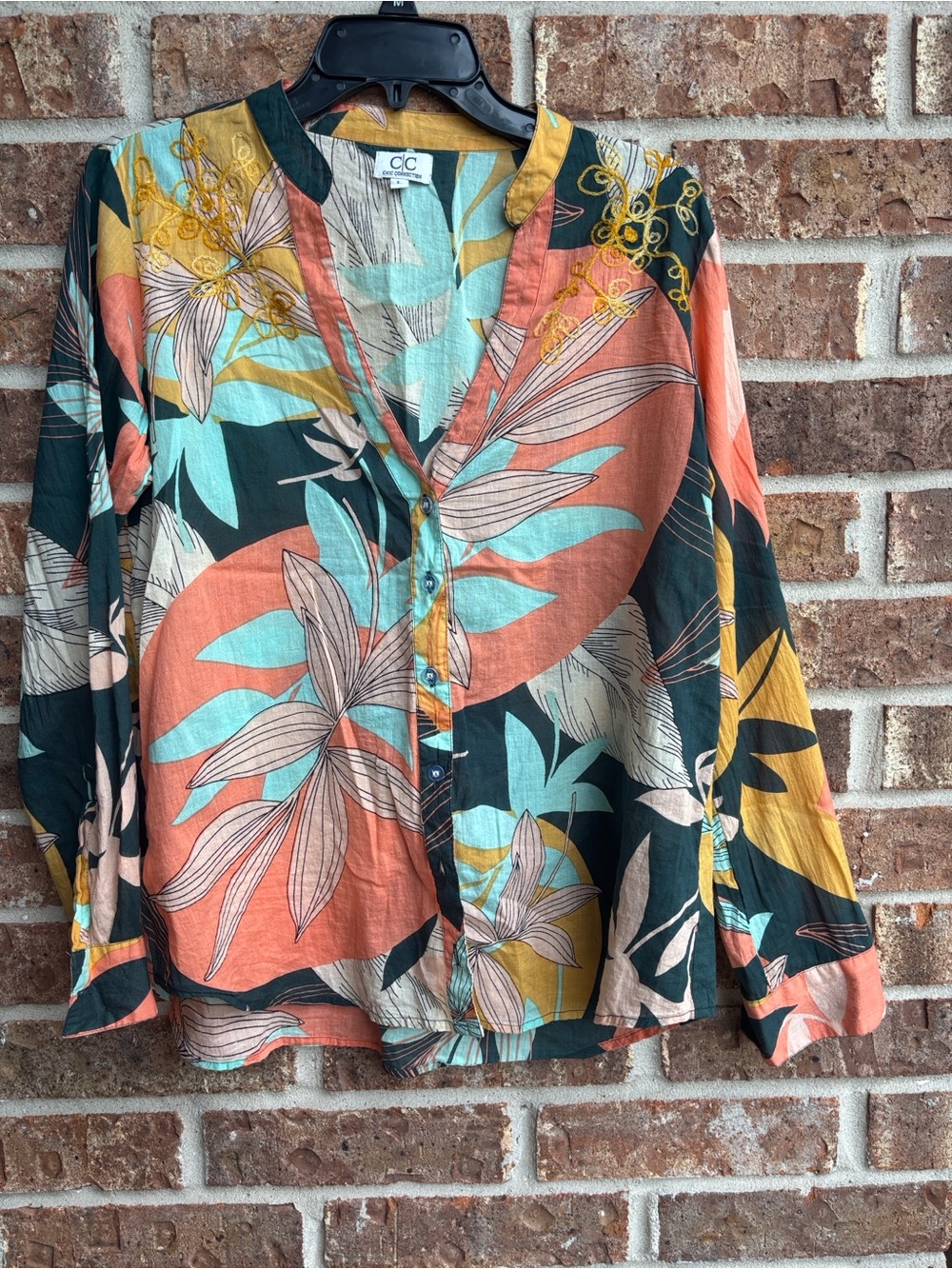 Chic connection embroidery Tropical Leaf Print Top — Mint, Mustard & Teal